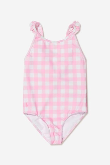 Girls Checked Embroidered Logo Swimsuit in Pink (U59983) | £29