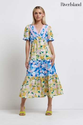 River Island Bright Yellow Petite Yellow Short Sleeve Tiered Floral Maxi Sleeve Dress (U60238) | £45
