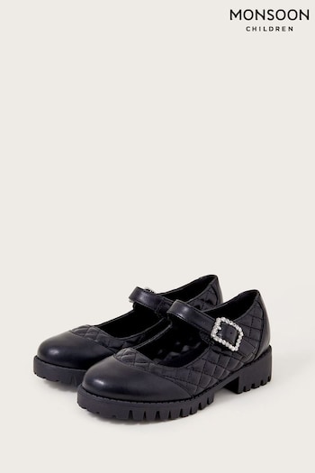 Monsoon Diamante Quilted Mary Jane Black Shoes (U60436) | £32 - £36