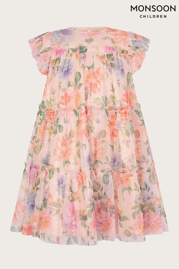 Monsoon Pink Vintage Floral Shimmer Mesh Dress (U60438) | £36 - £41