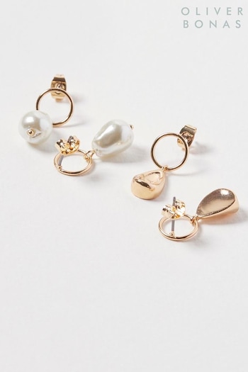 Oliver Bonas Gold Coloured Cove Mismatch Faux Pearl And Organic Drop Earrings Pack of Four (U60910) | £19.50