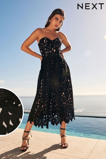 Black Strapless Lace Midi Dress (U61063) | £125