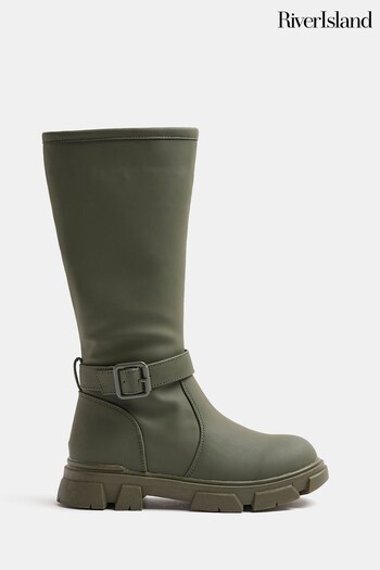 River Island Girls Khaki Green Rubberised Buckle Knee Boots (U61122) | £38