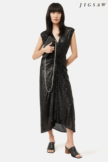 Jigsaw Sequin Ruched Midi Black Dress (U61353) | £250