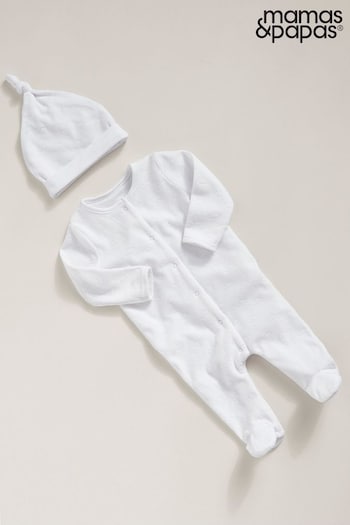 Mamas & Papas White Cloud Velour All In One With Hat (U63323) | £19