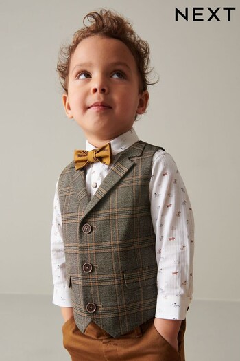 Brown Check Waistcoat Set With cotton Shirt & Bow Tie (3mths-7yrs) (U64109) | £34 - £38