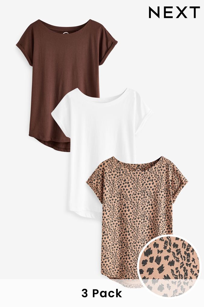 Brown/White/Animal Cap Sleeve T-Shirts 3 Pack (U64363) | £24.50