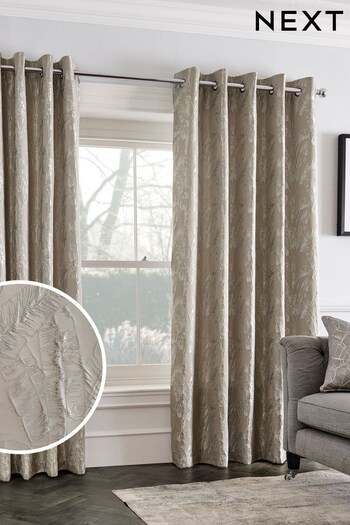 Grey Textured Leaf Jacquard Eyelet Curtains (U64653) | £70 - £140