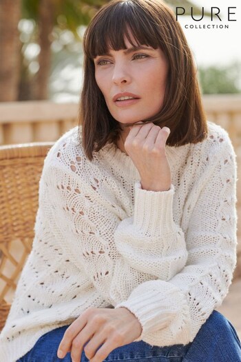 Pure Collection White Cotton Linen Feminine Stitch Sweater (U65812) | £95