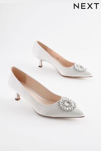 Ivory White Forever Comfort® Wedding Satin Jewel Trim Kitten Heel Bridal Shoes (U66432) | £50