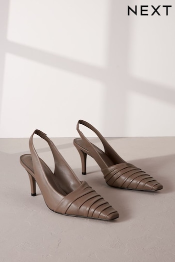 Taupe Brown Signature Leather Ruched Slingback Heels (U66536) | £68