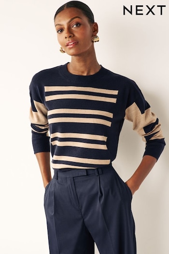 Navy Blue and Camel Stripe Cosy Crew Neck Long Sleeve Jumper (U66869) | £22