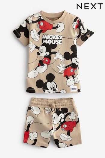 Neutral Tan Mickey Mouse All Over Printed T-Shirt and Shorts License Set (3mths-8yrs) (U67051) | £16 - £20