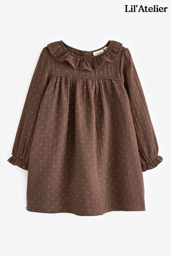 Lil Atelier Girls Brown Frill Neck Dot Print Dress (U67143) | £40