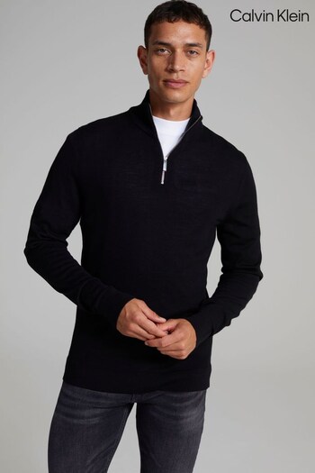 Calvin Klein Black Superior Wool Quarter Zip Jumper (U68878) | £130