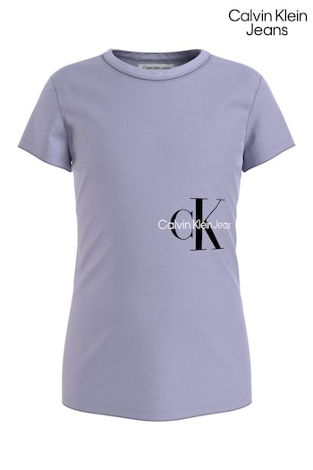 Calvin black Klein Jeans Girls Purple Monogram Off Placed Slim T-Shirt (U69509) | £13.50