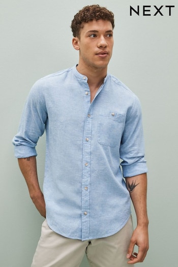 Light Blue Grandad Collar Linen Blend Long Sleeve Shirt (U69602) | £30