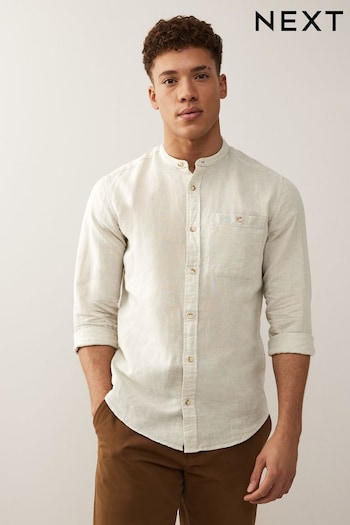 Oatmeal Grandad Collar Linen Blend Long Sleeve Shirt (U69611) | £30