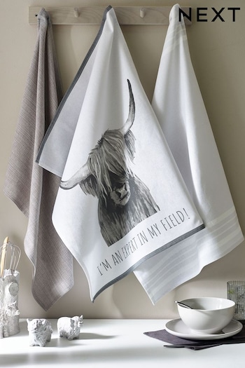 Set of 3 Grey Hamish The Highland Cow Tea Towels (U69985) | £14