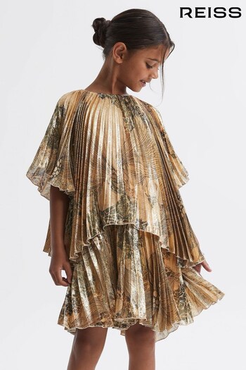 Reiss Gold Rhea Senior Metallic Pleated Tiered Dress (U71810) | £138