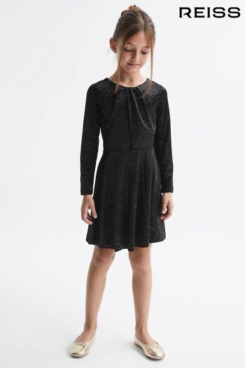 Reiss Black Gweneth Junior Velour Sparkly Flared Dress (U71816) | £55