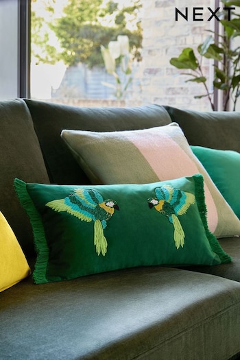 Bright Green 50 x 30cm Velvet Beaded Parrot Oblong Cushion (U71978) | £24