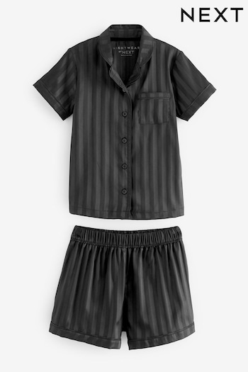 Black Stripe Satin Button Through Short Pyjamas (6-16yrs) (U72459) | £17 - £21