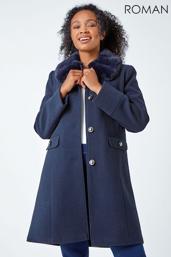 Roman Blue Petite Faux Fur Collar Longline Coat (U72761) | £80