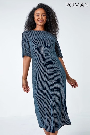 Roman Blue Petite Metallic Stripe Midi Stretch Dress (U72768) | £58