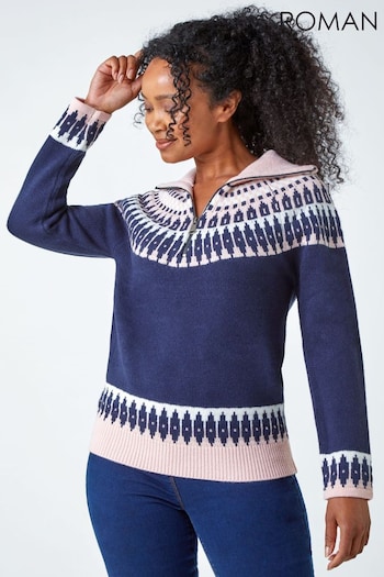 Roman Blue Chrome Petite Fairisle Zip Detail Jumper (U72775) | £38