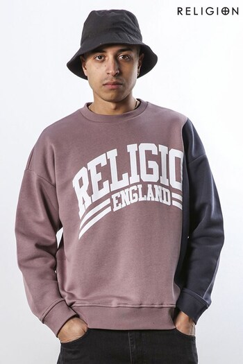 Religion Purple Relaxed Fit Sweatshirt with Dropped Shoulders and Graphic (U73094) | £70