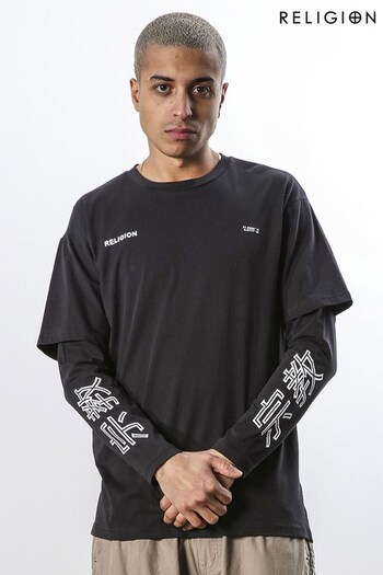 Religion Black Regular Fit Double Sleeve T-Shirt with Neon Graphic (U73096) | £48