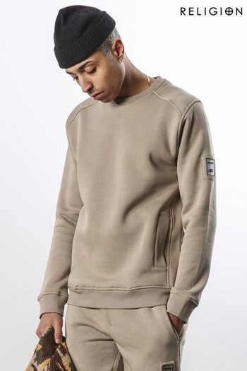 Religion Brown Regular Fit Sweatshirt Front Pockets Ribbed Trims (U73099) | £70