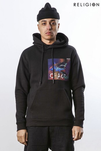 Religion Black Relaxed Fit Graphic Hoodie In Soft Brushed Back Sweat (U73102) | £80