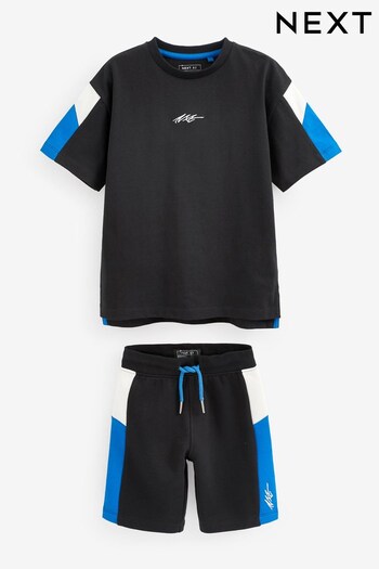 Black/Cobalt Blue Colourblock Short Sleeve T-Shirt And Shorts Set (3-16yrs) (U73986) | £16 - £24
