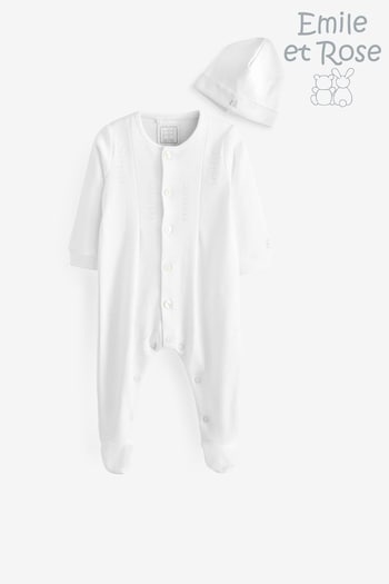Emile Et Rose White Embroidered Sleepsuit & Hat Set (U74231) | £36