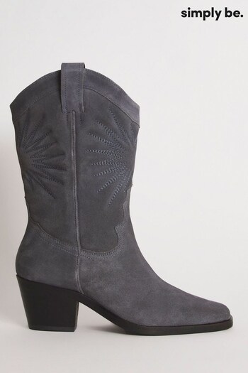 Simply Be Grey Extra Wide Embroidered Stitch Calf Western Boots (U74333) | £65