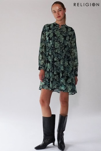 Religion Green A-Line Shirt Gozo Dress With Pockets And Long Sheer Sleeves (U74372) | £65