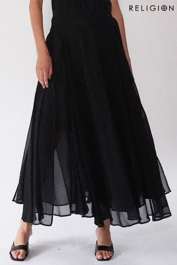 Religion Black Floaty Sheer Multi Layered Olsen Maxi Skirt (U74381) | £88