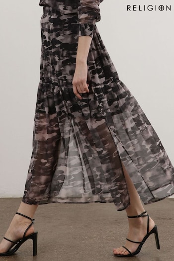 Religion Black Print Tiered Maxi Skirt In Sheer Georgette and Short Lining (U74388) | £60