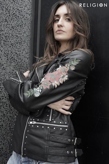 Religion Black Aurora Leather Jacket with Heavy Embellishment and Studs (U74390) | £335