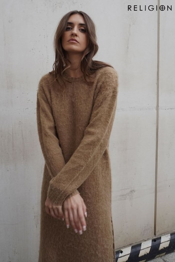 Religion Brown Cosy Heritage Knitted Midi Dress In Soft Fluffy Yarn (U74403) | £90