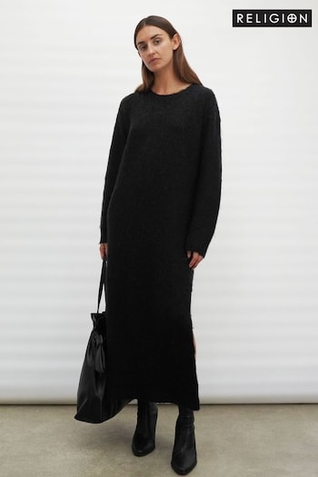 Religion Black Cosy Heritage Knitted Midi Dress In Soft Fluffy Yarn (U74404) | £90