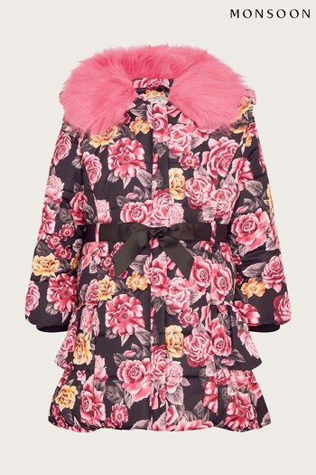 Monsoon Pink Floral Ruffle Padded Coat (U74455) | £65 - £75