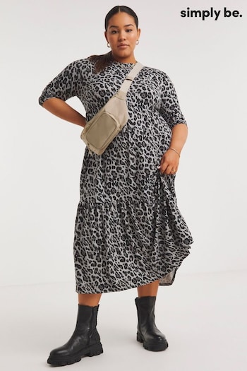 Simply Be Grey Animal Print Supersoft Tiered Midi Dress (U74560) | £29