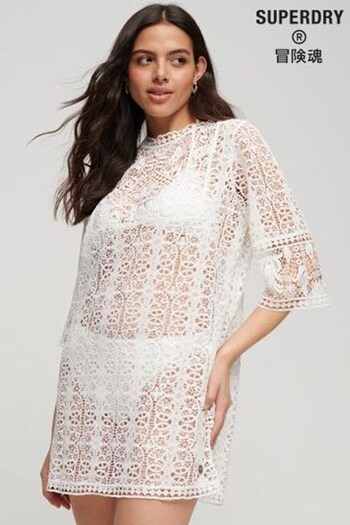 Superdry Cream Beach Cover Up Lace Mini Dress (U74726) | £42