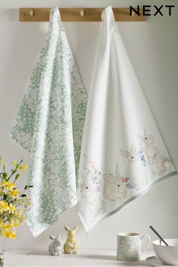Set of 2 Sage Green Josie Bunny Rabbit Tea Towels (U74923) | £10