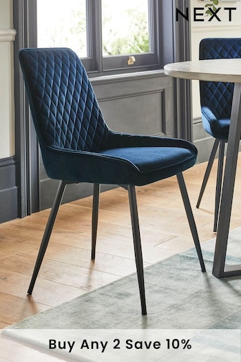 Set of 2 Soft Velvet Navy Blue Black Legs Hamilton Non Arm Dining Chairs (U75009) | £250