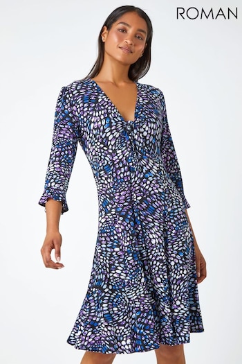Roman Purple Mosaic Print Frill Hem Stretch Dress (U75024) | £40