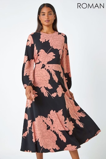 Roman Pink Floral Contrast Print Midi Dress (U75025) | £40